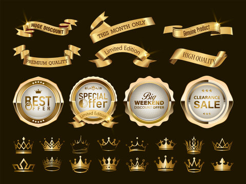 Luxury limited special offer sticker, hurry up vector. Clearance sale banner design. Big weekend discount offer logo, Best offer tag and Premium quality product badge, gold crown vector icon template