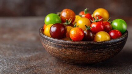 Vibrant heirloom tomatoes in rustic wooden bowl on brown table surface.