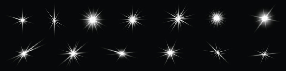 Collection of White Sparkle Stars and Bursts on Black Background