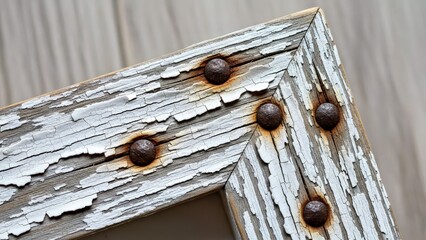 Close up of Weathered Wood Frame With Rustic Metal Rivets and Peeling Paint.jpg