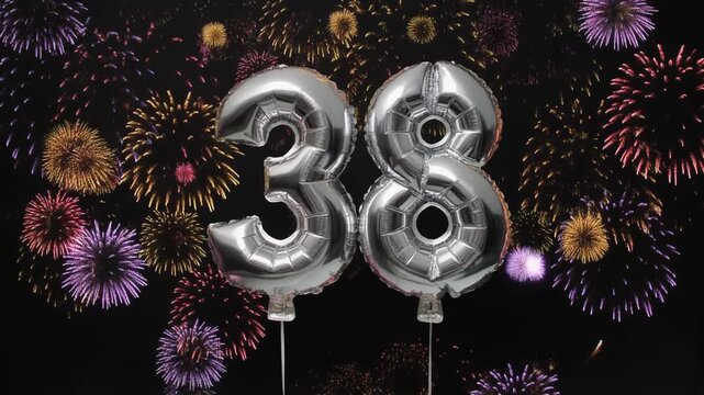 Silver balloon number 38 with fireworks in the background. Festive scene for birthday or anniversary party