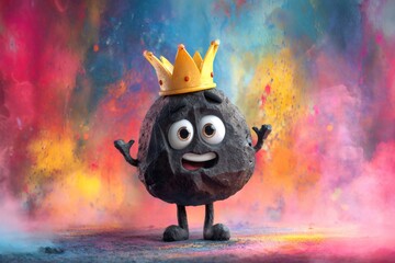 Carbon character wearing a crown and shrugging in a vibrant explosion of colored powder, representing energy, value, and transformation