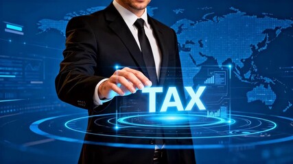 Businessman interacting with holographic tax display - Powered by Adobe