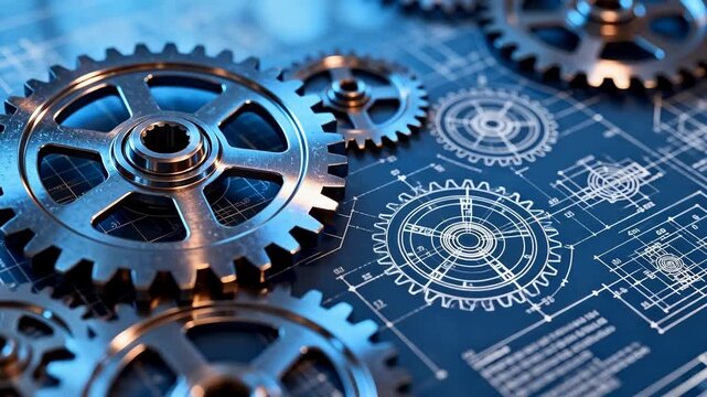 Metal gears on engineering blueprint
