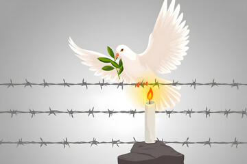 A white dove with an olive branch flying over barbed wire and a lit candle symbolizing peace and hope