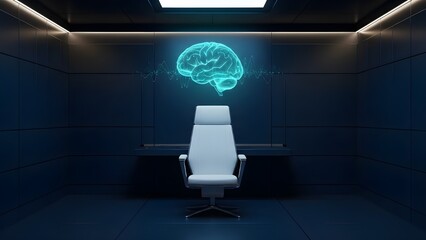 Innovation think tank with white chair and teal brain hologram