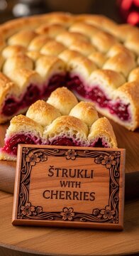 Traditional Croatian Cherry &Scaron;trukli Pastry Slice with Hand-Carved Cherry Wood Plaque and Floral Motifs in Festive Light