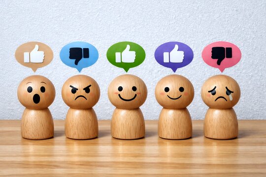 評価アイコンと感情表現の木製人形が並ぶ満足度と不満を比較するレビューイメージ