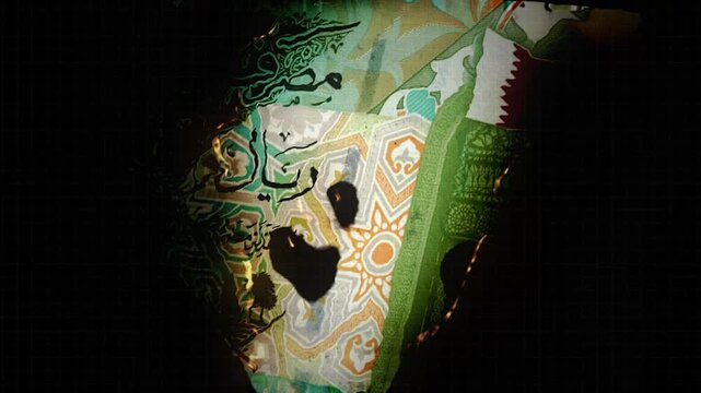 Qatari Riyal (QAR) Banknote Burning With 3D Camera Shaking Movement