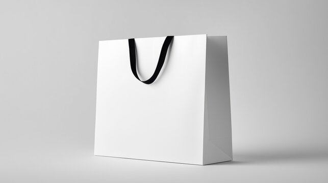 White paper bag with a black ribbon handle standing against a light grey background