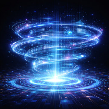 Futuristic Digital Data Energy Vortex with Blue Light Rings