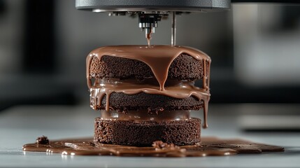 3D food printer building a layered chocolate cake with icing being applied .