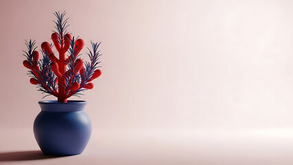 Red plant in blue vase on pink background with copy space