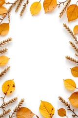 Yellow autumn leaves frame border on white