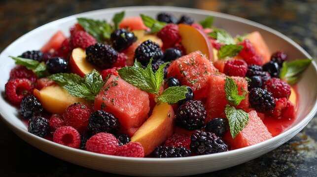 A vibrant fruit salad with watermelon, peaches, raspberries, blackberries, and mint leaves in a white bowl
