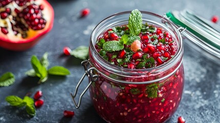 A jar of pomegranate and mint chutney with fresh mint leaves and pomegranate seeds, bright red with green accents .