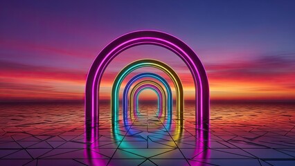 vibrant neon archways creating a futuristic tunnel effect with colorful sunset background