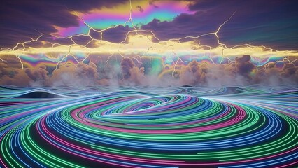 Vibrant Neon Circular Pattern Over a Stormy Sky with Lightning and Rainbow Hues