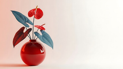 Vibrant red anthurium flowers in modern glossy vase on white background