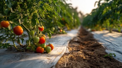 Ripe tomatoes growing in a sunlit garden: aerial view of vibrant green rows in summer.