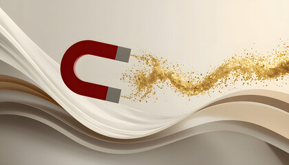 A red horseshoe magnet attracts a stream of gold particles on a wavy white and beige background, conveying surreal conceptual metaphors and visual paradoxes.
