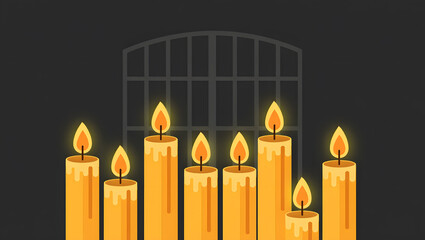 A collection of glowing candles illuminates the darkness against a subtle window silhouette