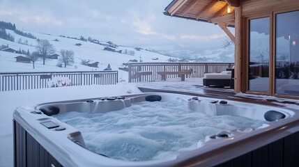 Obraz premium luxury winter chalet with panoramic views of snowy slopes and a hot tub on the terrace .