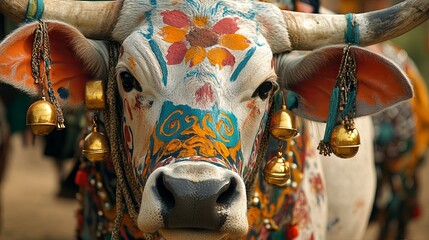 Oxen decorated with paint and bells .
