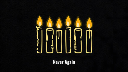 Six symbolic candles burn bright against the darkness, echoing the powerful phrase "never again"