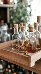 spice infusion in glass bottles on wooden bar cart.