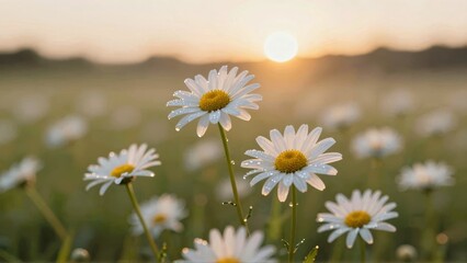 Daisies with dewdrops at sunset in meadow