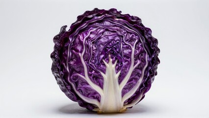 Purple cabbage with ruffled leaves on white background