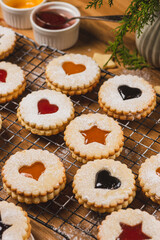 Linzer biscuits on a baking rack