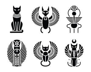 Collection of stylized ancient Egyptian hieroglyphs and symbols