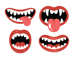 Naklejka premium Whimsical cartoon mouths with sharp teeth and playful tongues express a range of emotions.