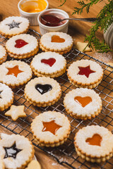 Linzer biscuits on a baking rack