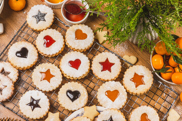 Linzer biscuits on a baking rack