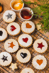 Linzer biscuits on a baking rack