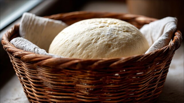 A ball of dough in a wicker basket on a kitchen countertop near a window with natural light