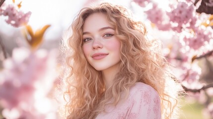 Fototapeta premium Young woman with curly blonde hair stands amidst blooming sakura trees, embodying serenity and natural beauty.