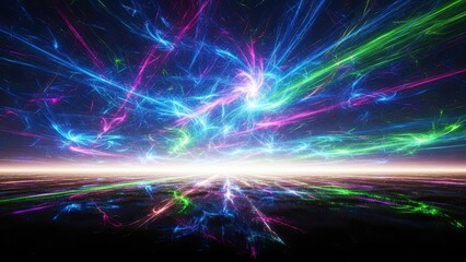 Obraz premium Vibrant neon electric energy explosion with colorful light trails and reflections in a digital