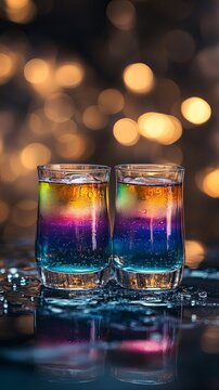 rainbow shot cocktails layered vibrant in flight.
