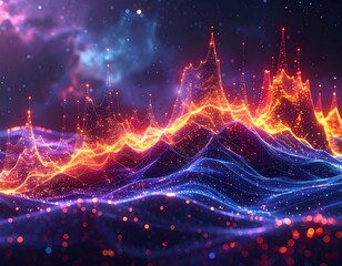 Glowing orange & blue abstract digital landscape with sparkling dots