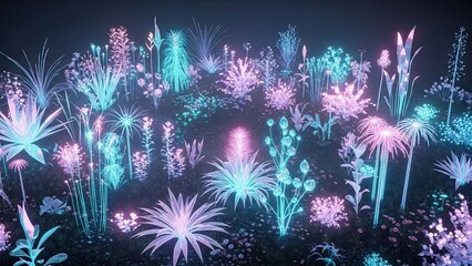 Vibrant neon glow of fantastical glowing flora and luminous fireworks display in surreal night sky