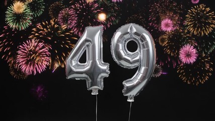 Silver balloon number 49 with fireworks in the background. Festive scene for birthday or anniversary party