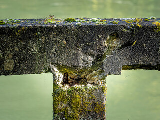 Damaged concrete bridge rail showing weathering and moss