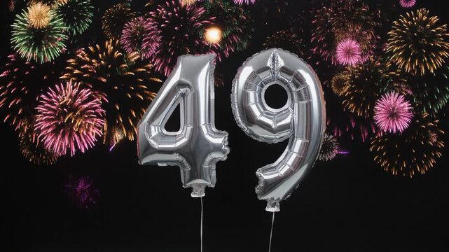 Silver balloon number 49 with fireworks in the background. Festive scene for birthday or anniversary party