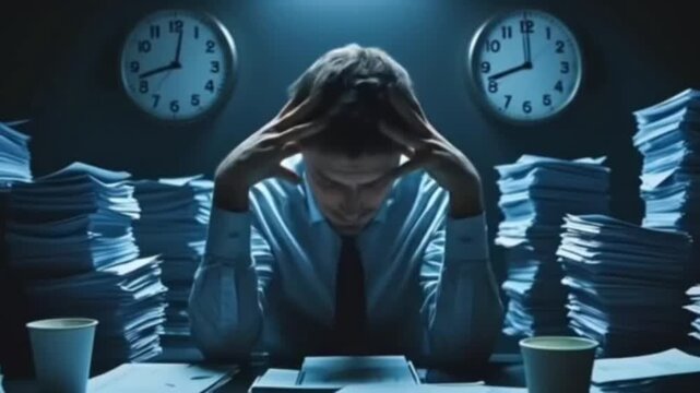A stressed businessman sits at his desk, surrounded by piles of paperwork, holding his head in frustration as two clocks tick away in the background.