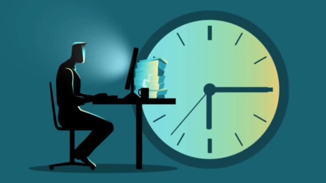 A silhouette of a businessman working late at night in front of a computer with a large clock in the background, conveying a sense of urgency and deadline.