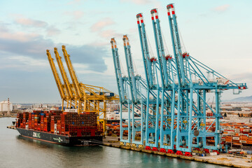 Industrial port of Barcelona in Spain with its container ports and cranes